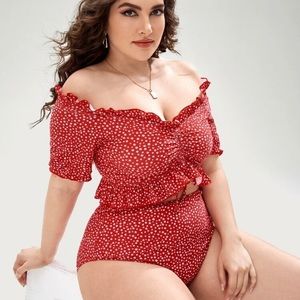 Red ditsy floral, Bardot top, high waist bikini